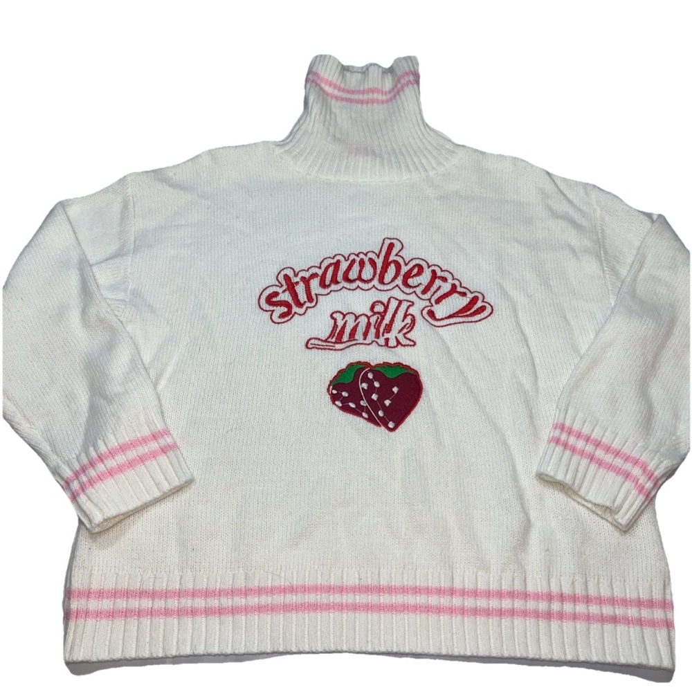 Strawberry milk white sweater Pullover Turtle Neck pink Stripes Women’s XL cute